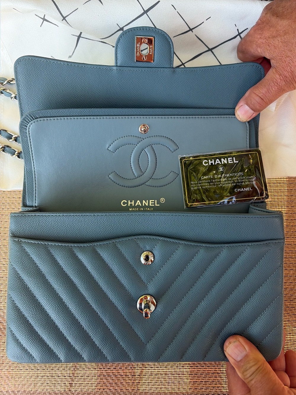 CHANEL Timeless Chevron Medium Caviar Petrol Blue